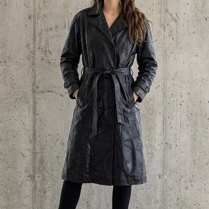 Vintage 90s Leather Full Length Belted Patchwork Trench Coat‎ XL
